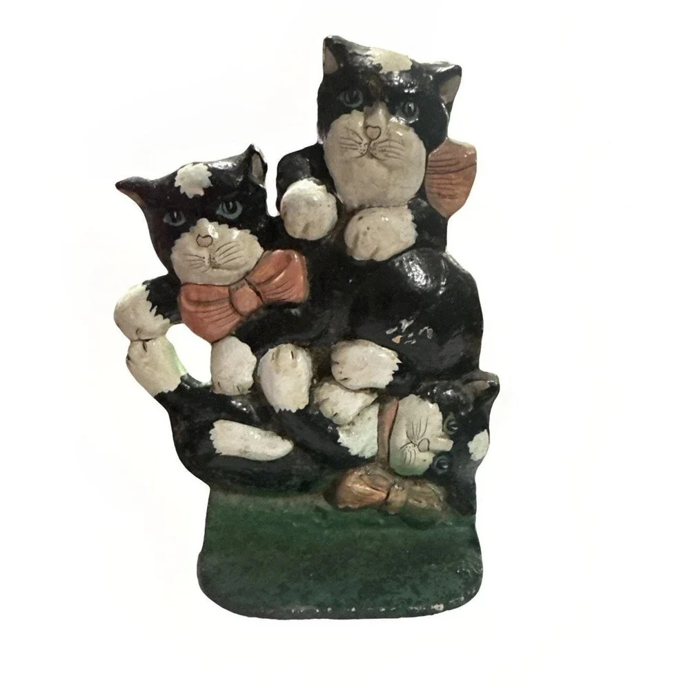 Cast Iron  Cat Kitty‎ Door Stop Bookend Hand Painted Tuxedo Bows Kitten Cat